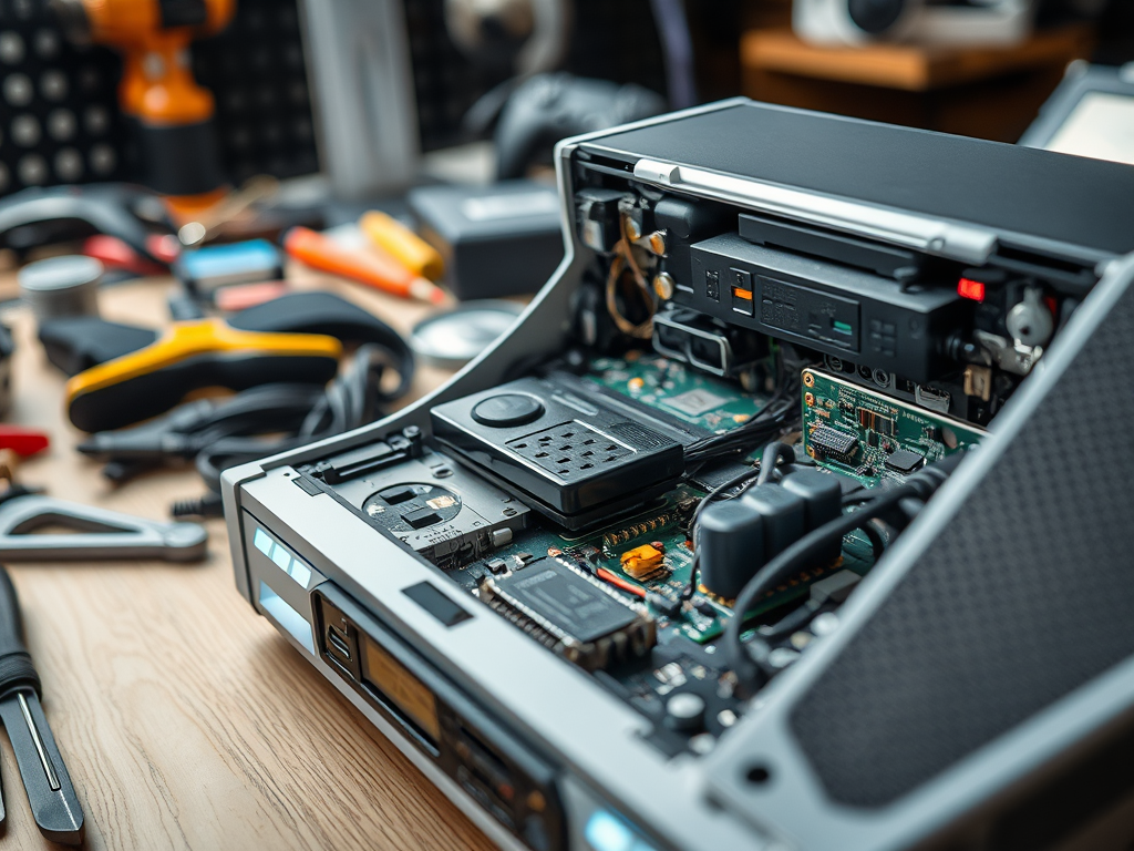 An opened electronic device with visible circuit board components and tools scattered around on a workbench.