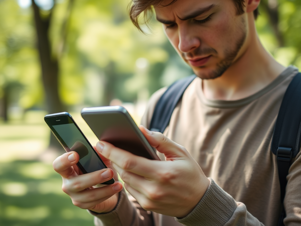 A young man stands outdoors, holding two smartphones and concentrating on their screens in a sunny park.