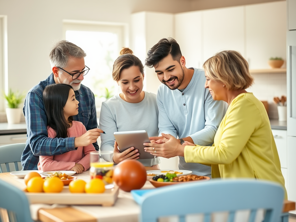 A family gathers around a tablet, smiling and engaging together at a kitchen table filled with food.